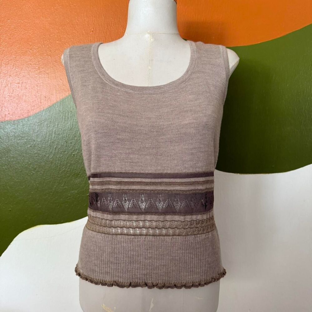 VTG St. John Knit Tank Top Brown Pointelle Lace Earth Tone minimalist Sz Small